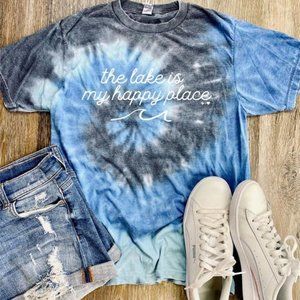 Blue Tie Dye Graphic Tee -"the lake is my happy place" - LARGE